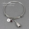 Personalized Initial with Wine Bottle Charm Adjustable Bangle