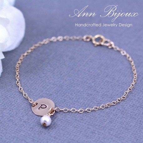 14K Gold Filled Dainty Initial with Pearl Hand Stamped Bracelet
