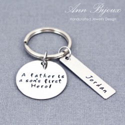 Hand Stamped "A Father is a Son's First Hero"Message Father Keychain