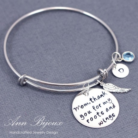 Personalized "Mom, Thanks for My Roots and Wings"" Message Bangle Bracelet