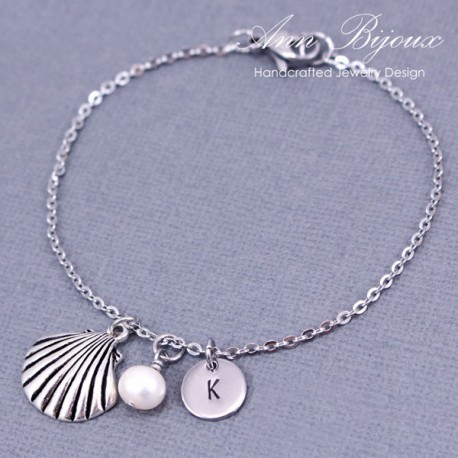 Hand Stamped Seashell with Initial Bracelet