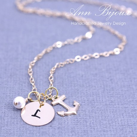 Hand Stamped 14K Gold Filled Initial with Anchor Necklace