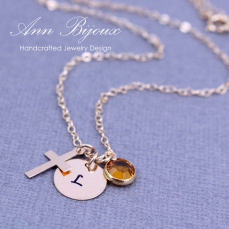 Gold Filled Cross Charm with Hand Stamped Initial Necklace