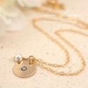 Dainty Initial with Swarovski Pearl Hand Stamped Necklace