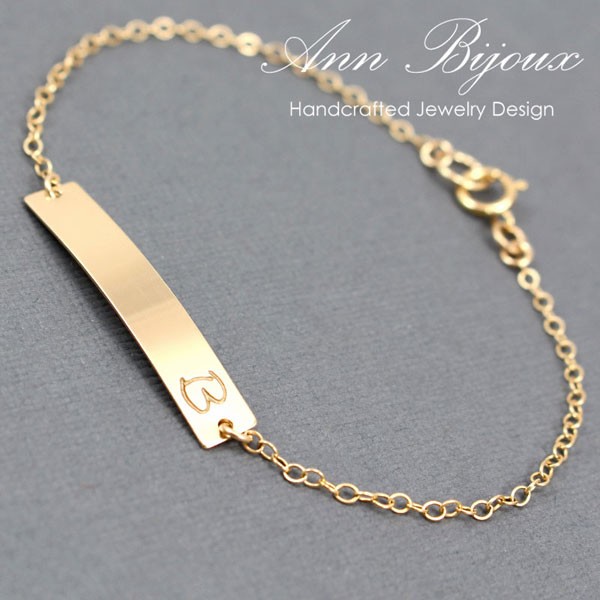 Personalized Engraved Bracelet Name Plate Filled Bar Bracelet Custom 14K Gold 