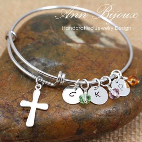 Sterling Silver Cross Charm with Hand Stamped Initial Bangle