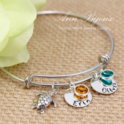 Turtle Charm with Hand Stamped Name Bangle Bracelet