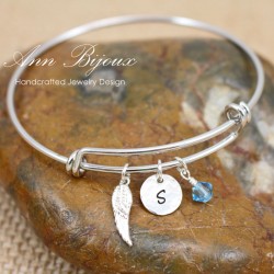 Hammered Initial with  Angel Wing Charm Bangle Bracelet