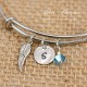 Hand Stamped Initial with  Angel Wing Charm Bangle Bracelet
