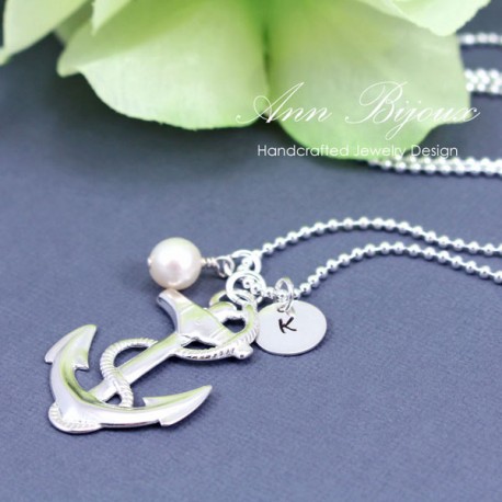 Personalized Hand Stamped Initial with Anchor Charm Necklace